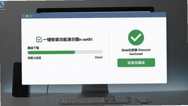 AllWeb一键安装功能演示图,显示模组下载进度条和安装完成提示,背景为简洁的电脑桌面,界面带有绿色对勾图标,突出自动化安装的便利性