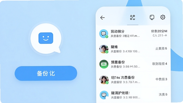 微聊天记录免费备份快主界面预览图,展示简洁的备份按钮和聊天列表,背景为浅蓝色渐变,图标清晰,整体风格现代友好