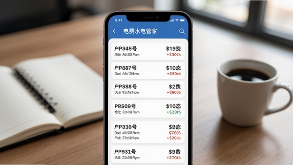 电费水电管家多账户管理功能预览图,画面为手机界面展示多个房源账户列表,每个账户显示户号、地址和欠费状态,背景为模糊的办公桌,有笔记本和咖啡杯,整体风格干净整洁,突出高效管理特色