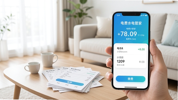 电费水电管家全貌预览图,画面主体为智能手机屏幕展示电费水电管家主界面,背景为简洁明亮的现代客厅,茶几上摆放水电费账单,手机屏幕清晰显示电费、水费余额和缴费按钮,整体色调清新,光线柔和,突出软件便捷缴费的场景