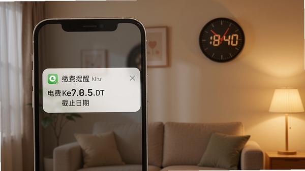 电费水电管家智能提醒功能预览图,手机屏幕弹出缴费提醒通知,显示电费金额和截止日期,背景为家庭客厅一角,墙上挂钟指向晚上八点,暖色灯光,突出及时提醒的安心感