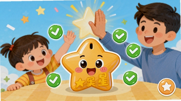 成长星约定亲子任务打卡界面,画面中央显示一个卡通风格的星星储蓄罐,周围漂浮着任务完成的对勾图标,背景是孩子与家长击掌庆祝的插画,色彩明快,充满成就感氛围。