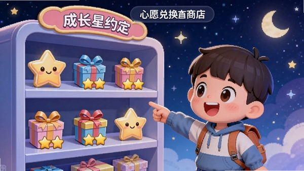 成长星约定心愿兑换商店界面,画面展示一个虚拟货架,上面摆放着星星标价的礼品图标,一个卡通孩子角色正兴奋地用手指着目标奖品,背景为星光闪烁的夜空,充满期待感。