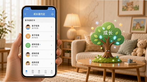 成长星约定应用主界面预览图,画面主体为手机屏幕展示亲子任务打卡列表与成长树动画,背景为温馨客厅一角,柔光色调,突出家庭氛围与科技感结合,整体风格明亮清晰,适配移动端竖屏展示。