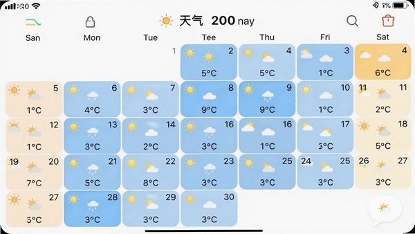 天气iSun日历的月视图界面,日历格内显示小天气图标和温度数字,背景为浅色系,界面干净整洁,模拟手机屏幕截图效果,突出天气与日历结合的直观性