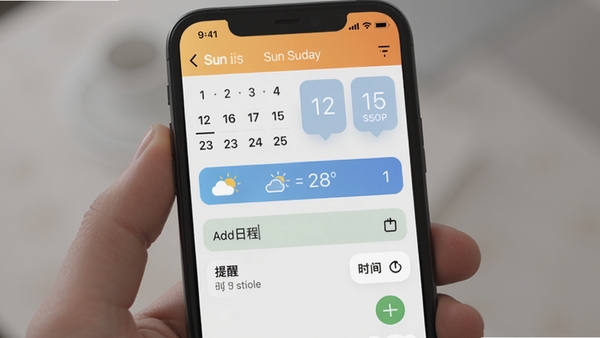 天气iSun日历的日程编辑界面,显示日期选择器和天气信息条,有添加日程的输入框和提醒时间设置,界面风格简洁实用,色彩柔和,模拟手机操作场景