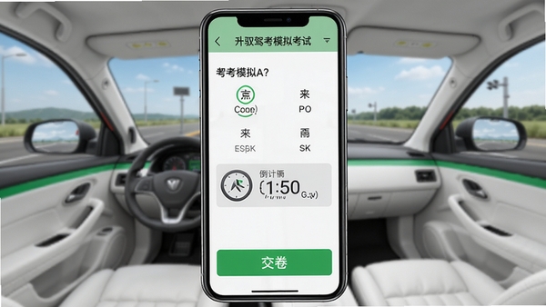 驭驾考模拟考试答题界面,手机屏幕显示选择题与倒计时,下方有交卷按钮,背景为模拟考场环境,整体色调以白色和绿色为主,简洁专业