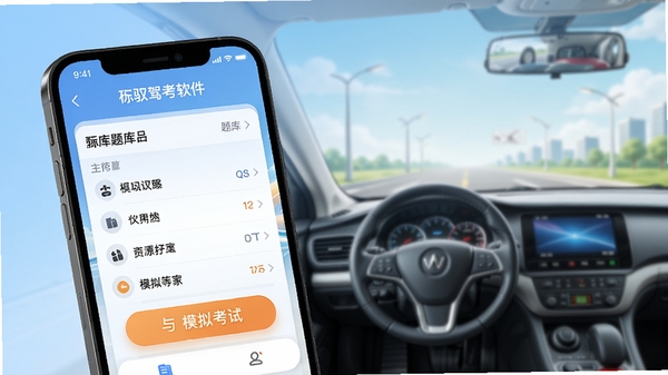驭驾考软件主界面预览图,手机屏幕展示题库列表与模拟考试按钮,背景为浅蓝色渐变的驾驶学习场景,界面元素清晰,色彩明亮,细节丰富