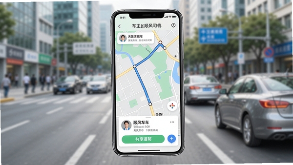 一张展示车主顺风司机帮软件主界面的高清预览图,画面中央是手机屏幕特写,屏幕内显示地图路线与匹配的乘客信息卡片,背景为模糊的城市街道与行驶中的车辆,整体色调明亮,突出顺风车共享出行的主题,图片清晰细腻,适合软件介绍页面使用