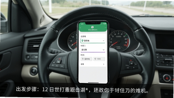车主顺风司机帮移动端操作界面截图,画面中手机屏幕上显示发布行程的填写表单,包括出发地、目的地、时间与座位数选项,背景是模糊的驾驶舱内部,方向盘与仪表盘清晰可见,图片下方有文字说明步骤,整体风格简洁明快,突出教程实用性