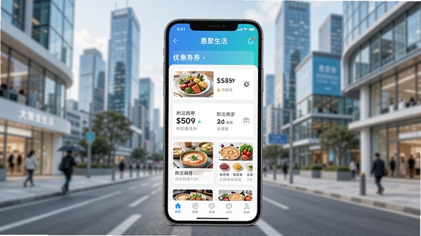 惠聚生活APP界面预览图,前景展示手机屏幕中应用主界面,包含优惠券列表、附近商家推荐卡片与底部导航栏,背景为模糊的现代化城市街景,色彩明亮清新,整体风格现代简约,突出生活服务与实惠主题
