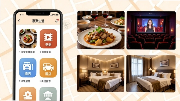 惠聚生活本地生活服务场景图,画面左侧为手机应用展示美食、电影、酒店等分类图标,右侧对应真实的生活场景照片拼贴,包括餐厅美食、电影院、酒店客房,背景为淡雅的城市地图线条,整体风格温馨实用,突出服务多样性与便捷性