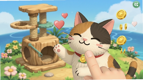 CatIsland猫咪互动画面,玩家手指轻点屏幕抚摸一只三花猫,猫咪眯眼露出享受表情,周围有爱心特效和金币飘起,背景是岛屿上的木质猫爬架和花丛,画面温馨治愈,色彩柔和