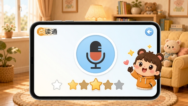 拼音拼读点读通跟读评测界面,显示一个麦克风图标和评分星级,旁边有可爱的鼓励动画,背景为温馨的家庭学习环境