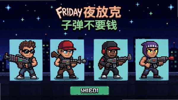 周五夜放克(子弹不要钱系列)角色选择界面,展示多个像素风角色立绘,每个角色都有独特枪械设计,背景是星光闪烁的夜空与城市剪影,UI风格简洁明快