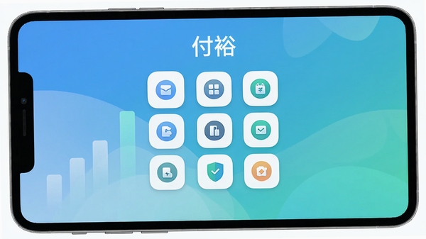 付裕应用主界面预览图,展示其简洁现代的设计风格,画面中央为功能图标矩阵,背景为渐变色,整体风格明亮清新,突出软件名称“付裕”,符合Boogu模型生成要求,画面主体坐标居中,背景区域干净无杂物
