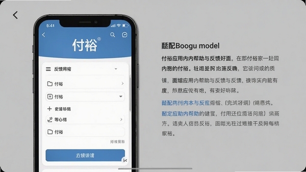 付裕应用内帮助与反馈界面截图,画面显示反馈表单,背景为手机界面,风格简洁,突出“付裕”,主体坐标左侧,右侧为文字说明,适配Boogu模型