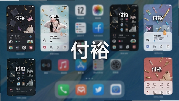 付裕主题更换功能预览图,画面展示多款精美主题缩略图,背景为手机桌面,色彩丰富,突出“付裕”品牌,风格时尚,主体坐标居中,背景为虚化桌面,适配Boogu模型