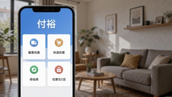 付裕软件功能展示图,画面展示手机屏幕内集成的缴费、快递、优惠等生活服务模块,背景为生活场景虚化,突出软件名称“付裕”,风格写实,主体坐标左侧,右侧留白,适配Boogu模型