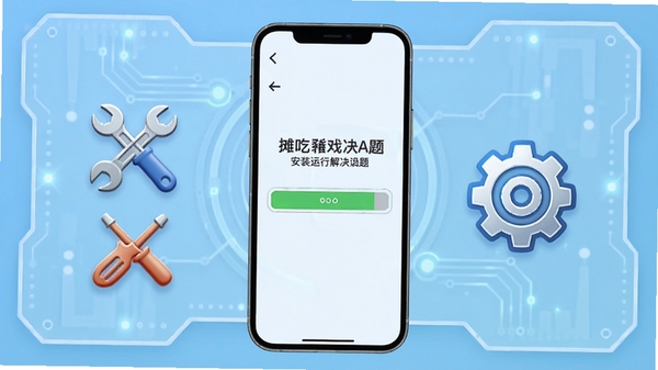 摊吃舌游戏安装与问题解决示意图,画面包含一部智能手机显示安装进度条,旁边有工具图标和设置齿轮,背景为浅蓝色科技感界面,突出解决运行问题的主题