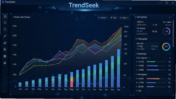 TrendSeek����������Ԥ��ͼ��չʾ��������ͼ����ؼ��ʷ�����壬��������Ϊ��ɫ����ͼ����״ͼ��ϣ�����Ϊ����ɫ�Ƽ��н��棬�������ִ���࣬ͻ�����ݿ��ӻ����Ĺ���