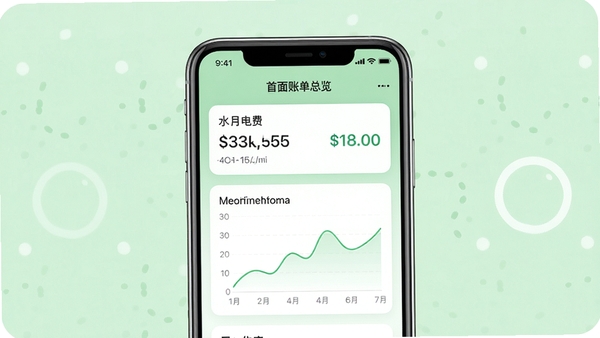 水电费免费记录软件主界面预览图,展示首页账单总览卡片,包含本月水费电费金额、用量趋势折线图,背景为浅绿色清新风格,手机屏幕居中,界面元素清晰,整体明亮简洁