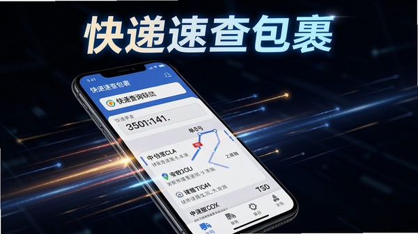 一张展示快递速查包裹极速查询功能的动态效果图,画面中一个手机界面,输入单号后瞬间显示出详细的物流轨迹,周围有速度线条和光效,背景深色,突出快速、高效的特点,软件名称“快递速查包裹”以亮色字体呈现。