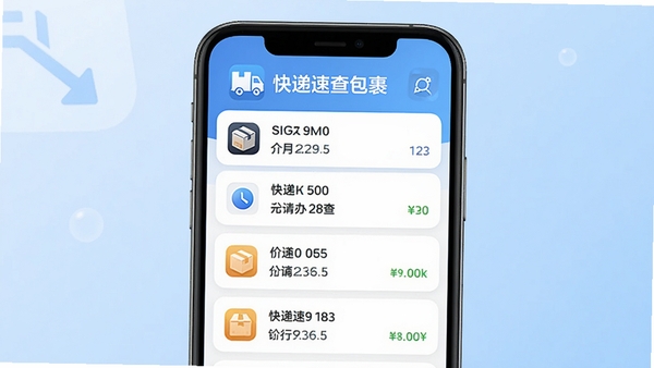 快递速查包裹软件的主界面预览图,手机屏幕展示多个快递单号查询结果列表,背景为浅蓝色渐变,界面简洁现代,图标清晰,突出软件名称“快递速查包裹”,整体风格明亮、专业,适合应用商店宣传展示。