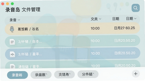 ¼�����ļ��������棬�б�����չʾ¼���ļ�����ʱ�������ڣ����Ͻ�������ͼ�꣬�ײ��з����ǩ������UI��ˬ��ɫ����ͣ�ͻ��¼�����ļ����������