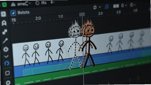 Stickfigures逐帧动画编辑界面特写,显示时间轴上的多个关键帧,一个半透明的火柴人虚影(洋葱皮)与当前绘制的实心火柴人重叠,展示动画补帧过程,界面色彩鲜明,强调功能专业性