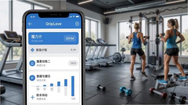 GripLove应用主界面预览图,展示握力训练计划列表与数据图表,背景为健身房场景,前景为手机屏幕特写,界面风格简洁现代,配色以蓝白为主,突出健康运动主题