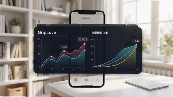 GripLove实时数据反馈界面,展示握力折线图与力量增长曲线,背景为明亮书房,手机屏幕显示彩色图表,数据标注清晰,风格清爽专业,强调数据可视化
