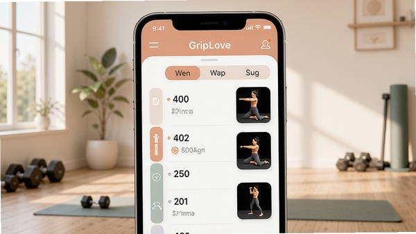 GripLove个性化训练计划界面,显示一周训练日程表与动作示范小图,手机竖屏展示,背景为简约室内运动场景,界面温馨,色彩柔和,突出计划安排的清晰与便捷