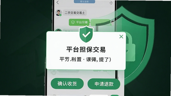 二手交易闲置担保交易示意图,画面展示手机聊天界面,中间有平台担保交易提示框,下方有确认收货和申请退款按钮,背景为绿色盾牌图形,整体风格安全可靠,突出平台保障感