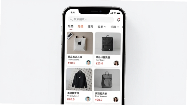 二手交易闲置软件主界面预览图,画面中心展示手机App首页,顶部有搜索栏和分类导航,下方是商品瀑布流列表,商品卡片清晰显示物品图片、标题、价格和卖家头像,背景为浅灰色,整体风格简洁明亮,突出二手交易主题