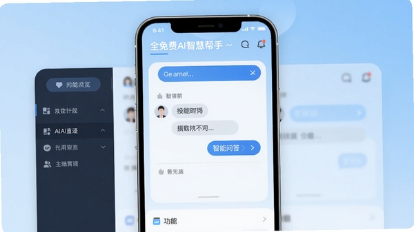 全免费AI智慧帮手主界面预览图,展示智能问答对话框与功能菜单,背景为浅蓝色渐变,画面主体居中,整体风格现代简约,适配手机竖屏显示
