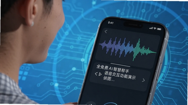 全免费AI智慧帮手语音交互功能演示图,用户对着手机说话,界面显示语音波形与识别文字,背景为科技感蓝色调,画面主体为手机屏幕特写,风格清晰明亮