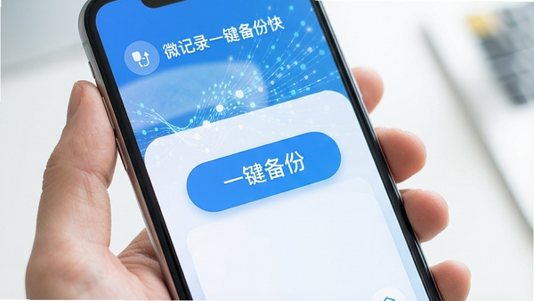 一张智能手机屏幕展示微记录一键备份快主界面,界面风格清新简洁,主色调为蓝色和白色,中央显示“一键备份”大按钮,背景为抽象数据流动线条,整体画面明亮,突显软件便捷备份核心功能,微记录一键备份快字样清晰可见