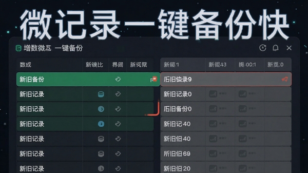 微记录一键备份快在增量备份界面显示数据对比列表,新旧记录分别用绿色和灰色高亮,背景为数据表格样式,风格科技感,突出差异对比功能,微记录一键备份快字样清晰