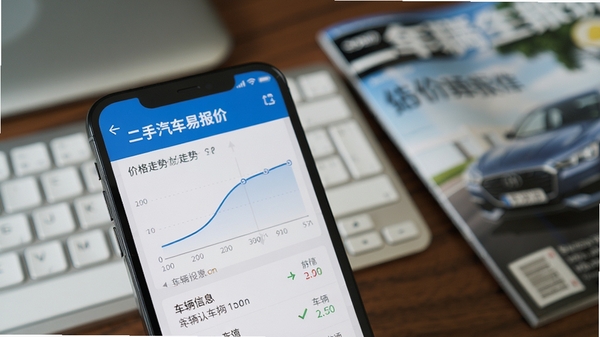 智能手机屏幕特写,显示二手汽车易报价的估价结果界面,图表展示价格走势曲线,车辆信息列表清晰,背景是模糊的电脑键盘和汽车杂志,画面重点突出数据分析和专业感,现代扁平化设计风格,色彩以蓝白为主,简洁易读,适合功能展示图。