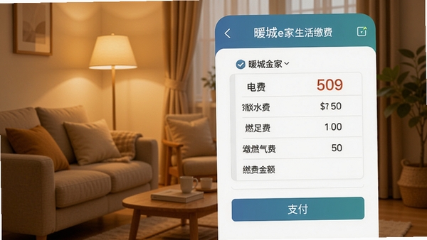 暖城e家生活缴费功能截图,展示电费、水费、燃气费缴纳页面,包含缴费金额与支付按钮,背景为家庭生活场景,暖色灯光,体现便利