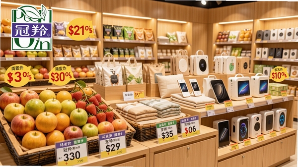 冠羚优选商品陈列场景,画面中展示新鲜水果、家居用品、数码产品等多个品类,每个商品带有价格标签和折扣标识,背景为明亮干净的货架,整体色调温暖,突出商品丰富多样与优惠信息