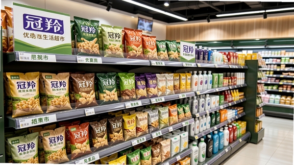 冠羚优选生活超市商品陈列,画面展示货架上整齐摆放的各类食品与日用品,标签清晰,整体环境明亮整洁,体现超市的丰富商品与舒适购物氛围