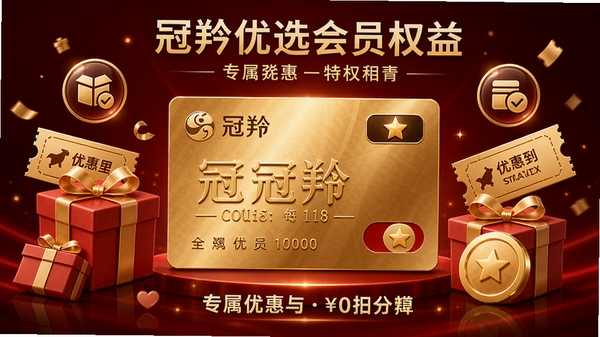 冠羚优选会员权益宣传图,画面中央显示金色会员卡,周围环绕礼物盒、优惠券、积分图标等元素,背景为深红色渐变,营造高端尊贵的会员氛围,突出专属优惠与特权