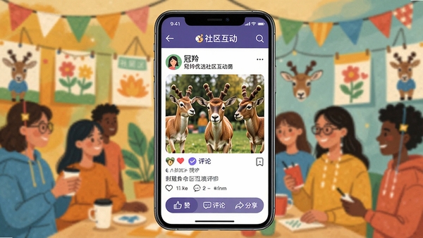 冠羚优选社区互动界面,手机屏幕展示用户发布的图文动态,包含点赞、评论、分享按钮,背景为多彩的社区氛围,突出社交互动与内容分享