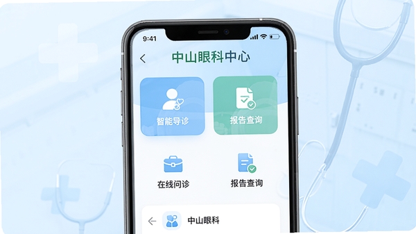 中山眼科中心app主界面预览图,展示整洁的医疗服务平台界面,包含智能导诊、在线问诊、报告查询等核心功能入口,背景为淡蓝色医疗风格,界面元素清晰,整体色调柔和明亮,突出专业与温馨感