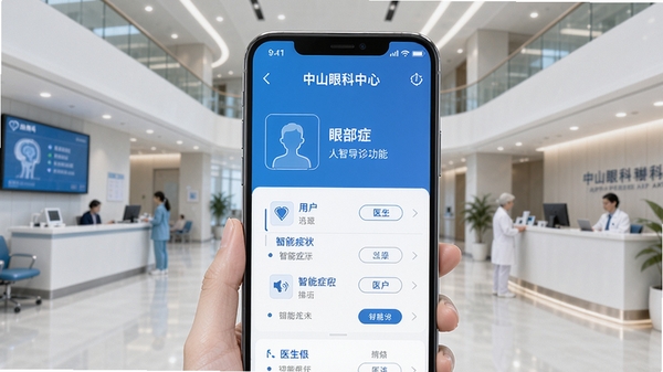 中山眼科中心APP智能导诊功能示意图,画面展示手机界面中用户选择眼部症状后,系统智能推荐科室与医生的过程,背景为现代化医院环境,界面设计直观,突出人工智能辅助医疗的便捷性,色彩以蓝白为主调