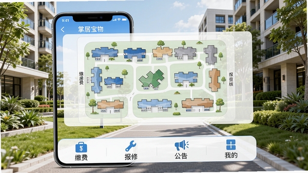 掌居宝物业版主界面展示,手机屏幕中显示小区楼栋分布图,底部有缴费、报修、公告、我的四个选项卡,背景为现代社区绿化环境,界面清爽明亮,色彩以蓝色和白色为主,突出物业管理软件的专业感