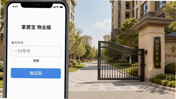 掌居宝物业版登录界面截图,手机屏幕显示手机号输入框和验证码按钮,背景为小区大门实景,光线明亮,色彩自然,突出登录功能的便捷性