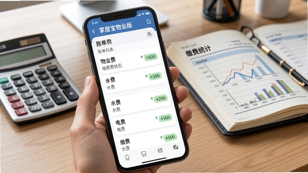 掌居宝物业版收费管理功能界面,展示账单列表和缴费统计图表,手机界面中包含物业费、水费、电费等条目,每个条目后有缴费状态标识,背景为办公室桌面,有计算器和账本,整体商务风格